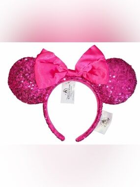 Disney Hot Pink Sequin Minnie Mouse Ears Headband with Satin Bow